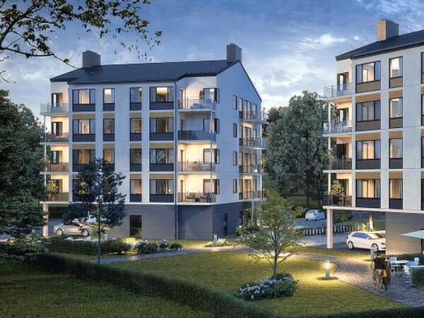 Illustration av flerbostadshus i parkmiljö med blå himmel.