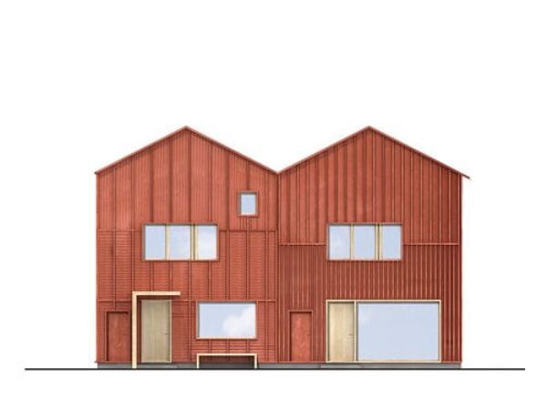 Ritning av rött parhus med två entréer och garage.