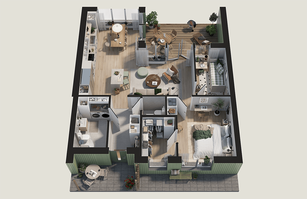 Illustration av enplanhus