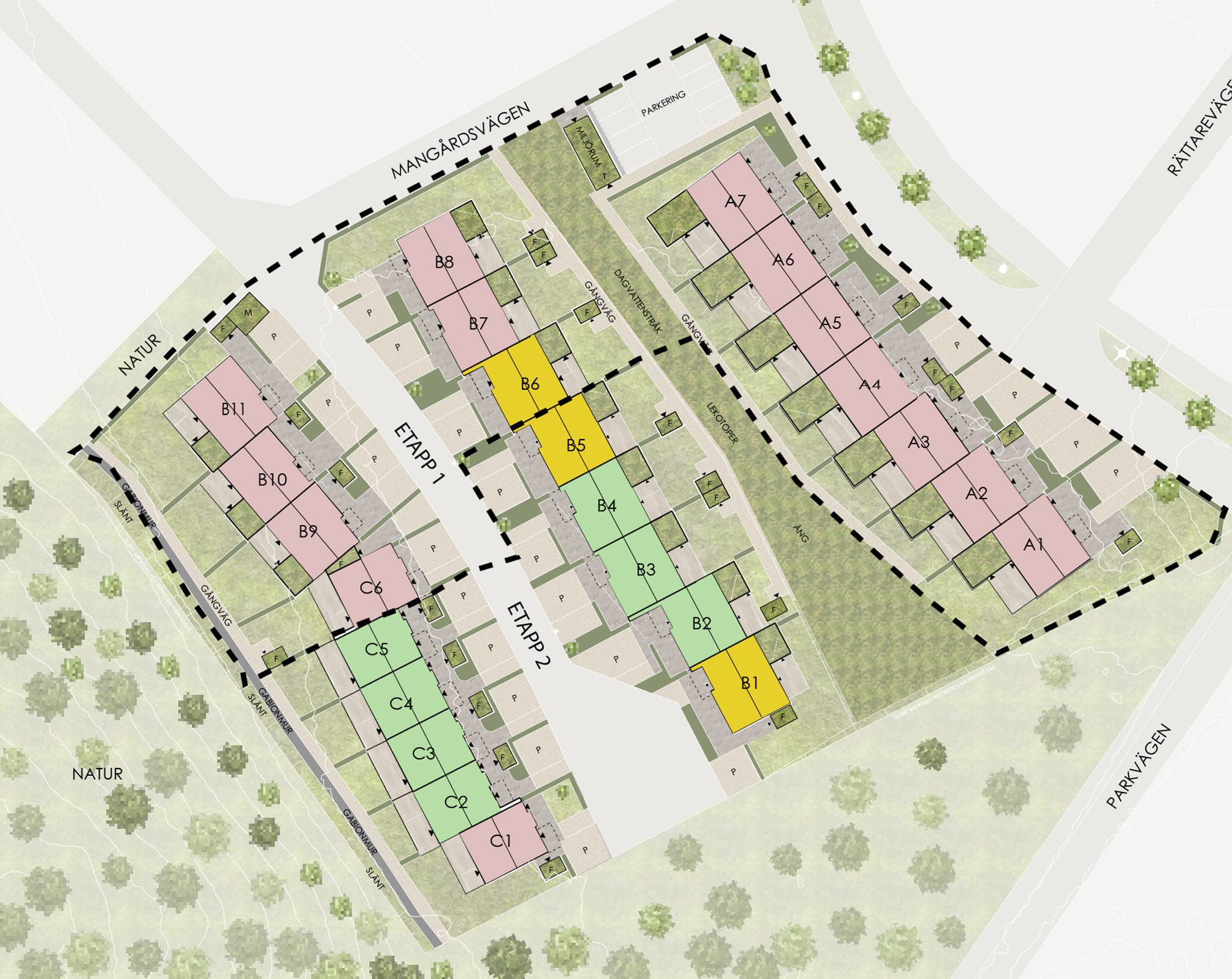 Situationsplanen för Södra Lyckan i Nättraby visar bostädernas försäljningsstatus med färgkodade markeringar där röda bostäder är sålda, gula är bokade och gröna är lediga. GBJ bostad presenterar området med tydlig översikt över kvarter, gångstråk och gröna ytor för framtida boende.