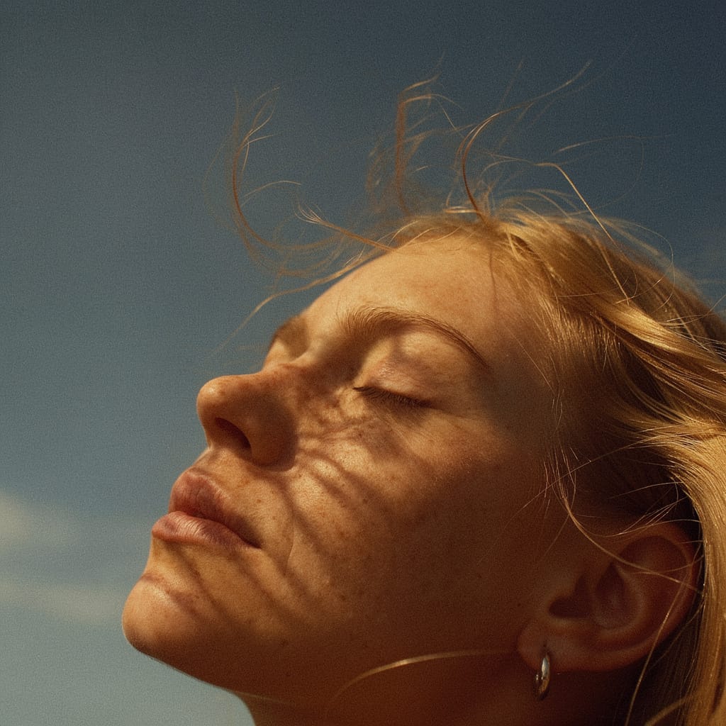 En kvinna med slutna ögon vänder ansiktet mot solen i angsrum-ytterby-portratt.jpg, där ljuset framhäver hudens detaljer och skapar en lugn stämning, och GBJ bostad förmedlar en livsstil med närhet till ljus och rogivande miljöer.