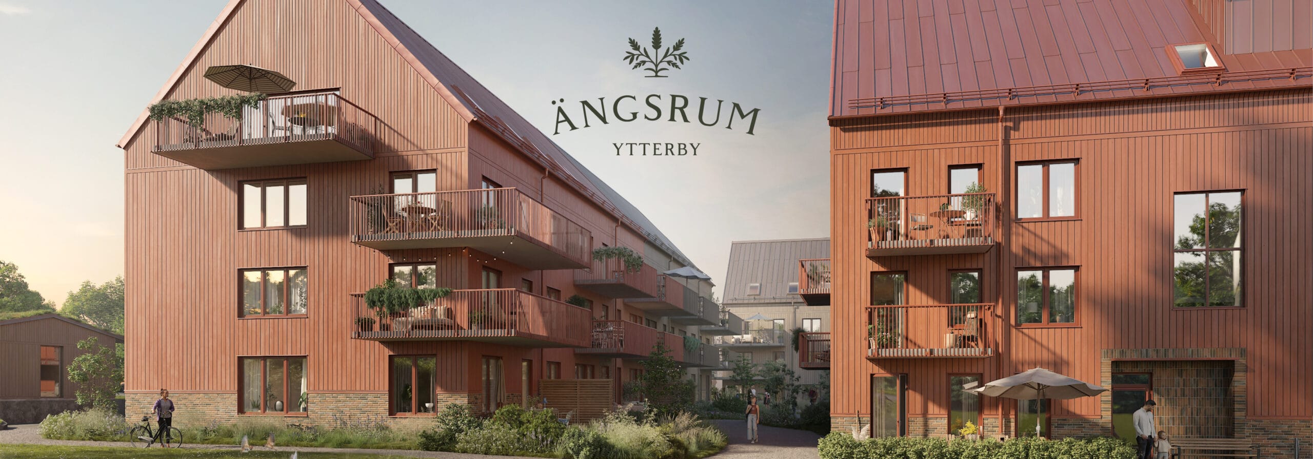 GBJ bostad presenterar det nya bostadsområdet Ängsrum i Ytterby, med moderna flerbostadshus i träpanel, generösa balkonger och grönskande innergårdar som främjar ett socialt och hållbart boende.