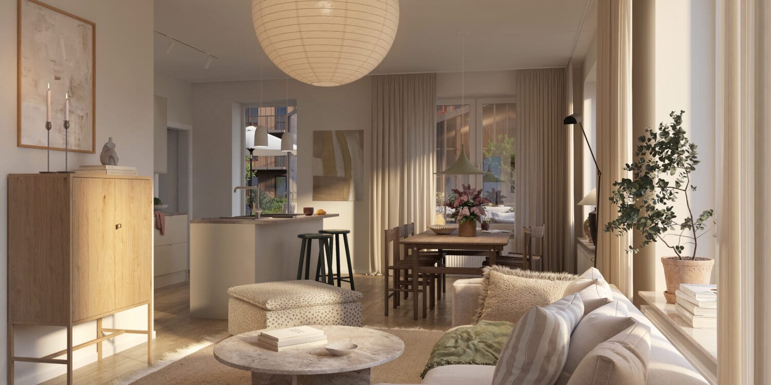 Ett ljust vardagsrum och kök i öppen planlösning med matplats, stora fönster och naturmaterial. I ängsrum, Ytterby visar GBJ bostad en 5 rok där generöst ljusinsläpp, smarta ytor och harmoniska inredningsdetaljer skapar en trivsam boendemiljö.