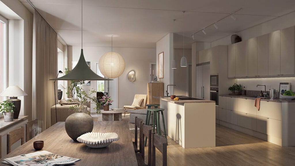 Ett öppet kök och vardagsrum i ängsrum, ytterby. 5rok visar en köksö med barstolar, matbord och soffgrupp i harmonisk planlösning, där GBJ bostad har skapat en ljus och funktionell miljö med naturliga material och mjuk belysning.