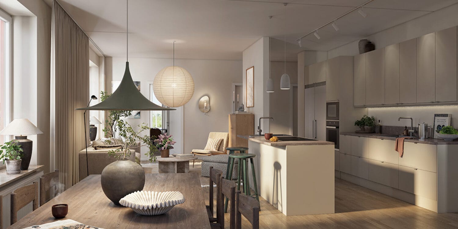 Ett öppet kök och vardagsrum i ängsrum, ytterby. 5rok visar en köksö med barstolar, matbord och soffgrupp i harmonisk planlösning, där GBJ bostad har skapat en ljus och funktionell miljö med naturliga material och mjuk belysning.